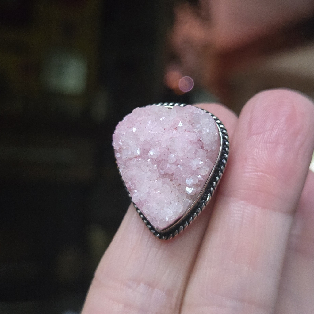 Vintage Style Rose Quartz Druzy Sterling Ring Sz8